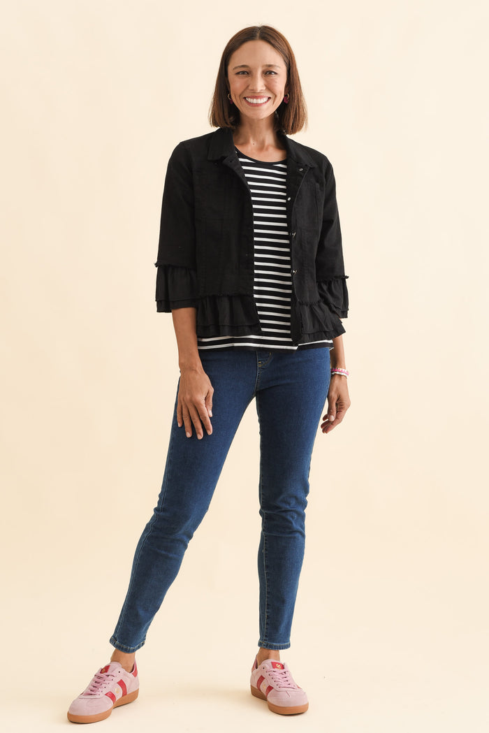Dolores Black Cotton Frill Jacket,Brunette model,alt text|model:Cara