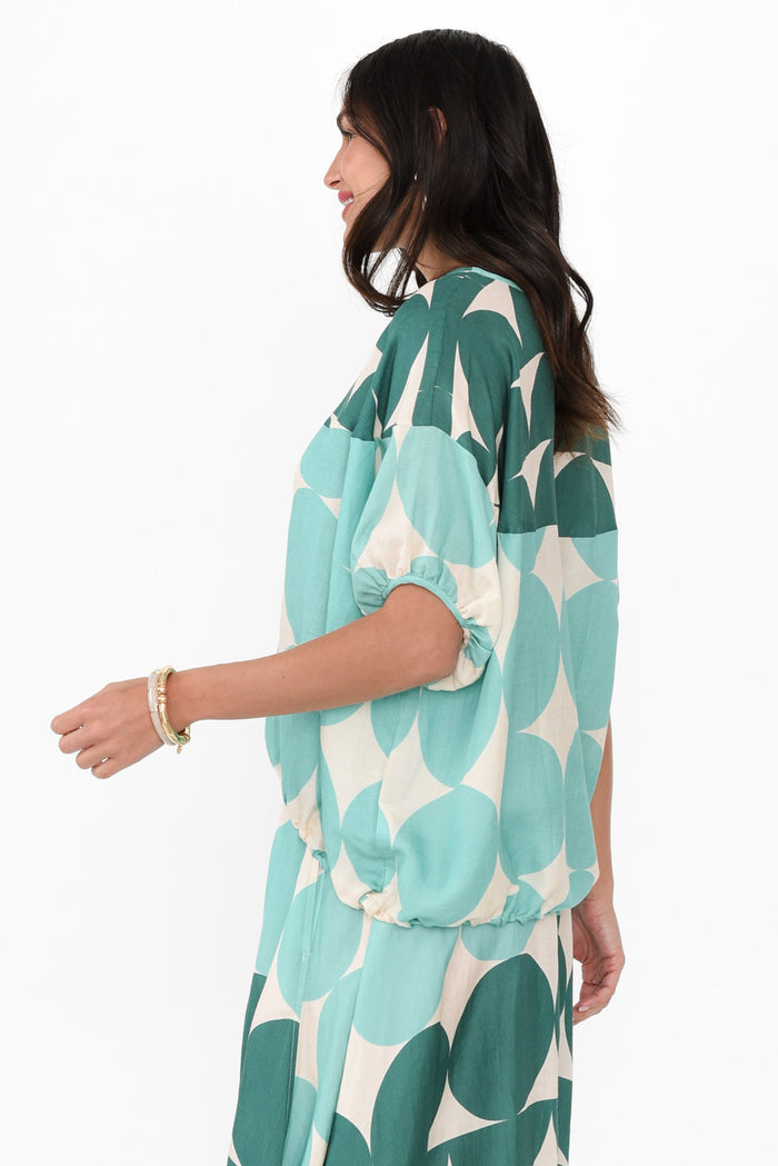 Domino Aqua Spot Linen Blend Top,Brunette model,alt text|model:Brontie