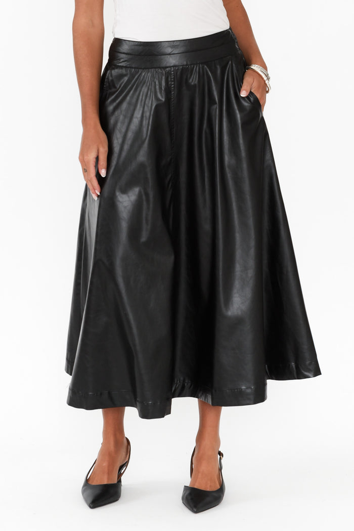 Donica Black Faux Leather Midi Skirt,Brunette model,alt text|model:Brontie