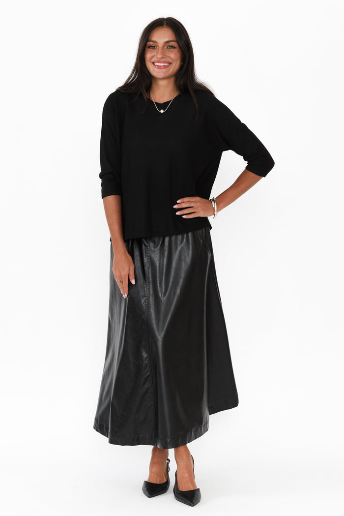 Donica Black Faux Leather Midi Skirt,Brunette model,alt text|model:Brontie