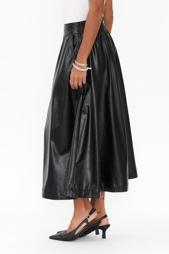 Donica Black Faux Leather Midi Skirt,Brunette model,alt text|model:Brontie