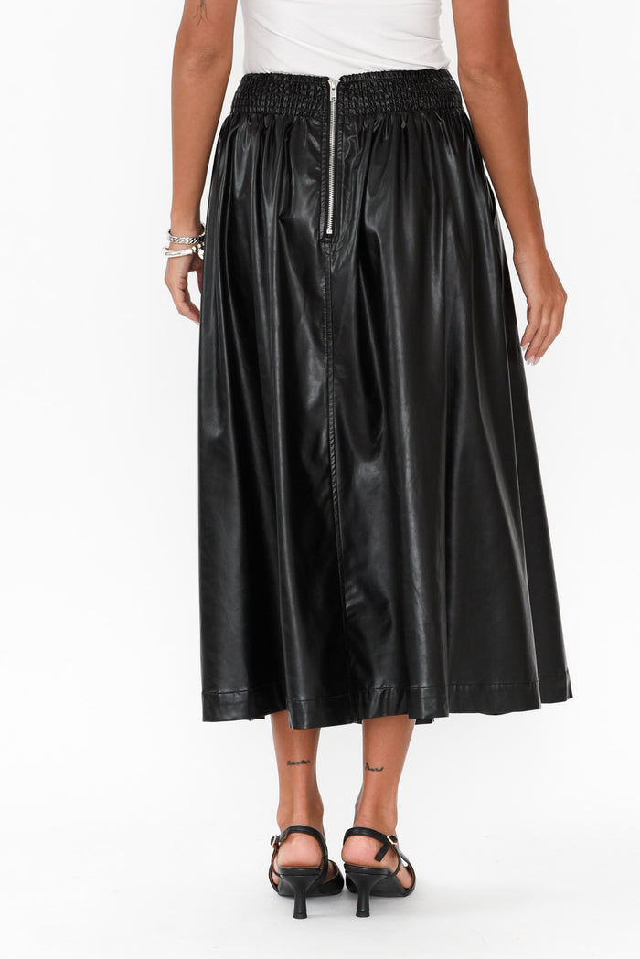 Donica Black Faux Leather Midi Skirt,Brunette model,alt text|model:Brontie