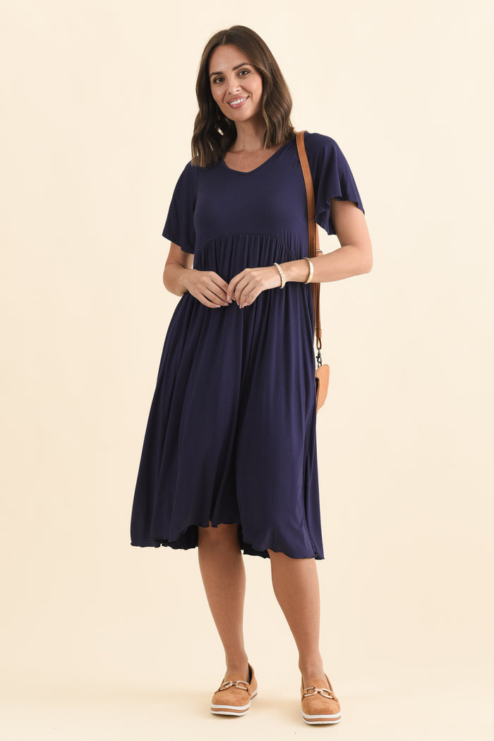 Donna Navy Gathered Dress,Brunette model,alt text|model:MJ