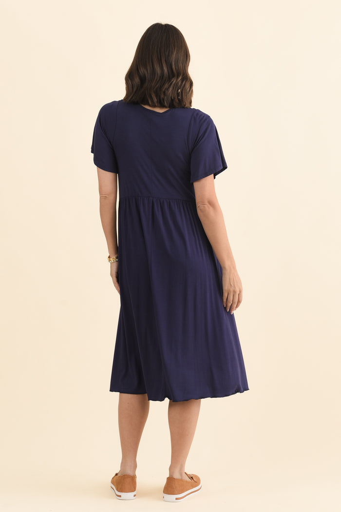 Donna Navy Gathered Dress,Brunette model,alt text|model:MJ
