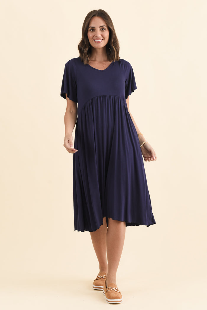 Donna Navy Gathered Dress,Brunette model,alt text|model:MJ