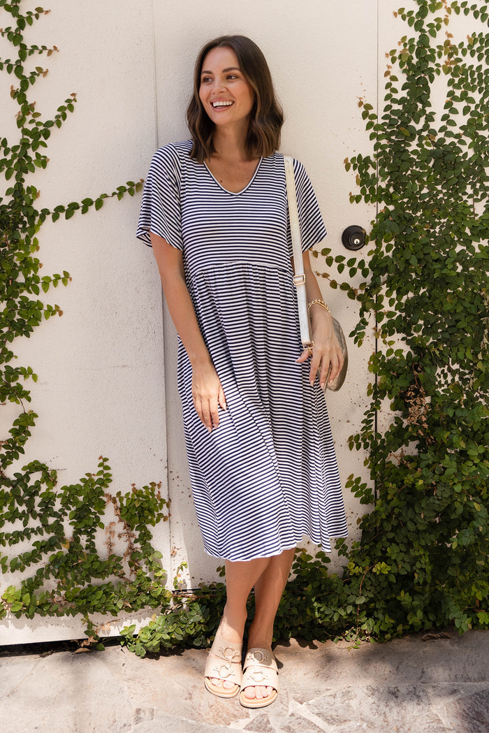 Donna Navy Stripe Gathered Dress,Lifestyle