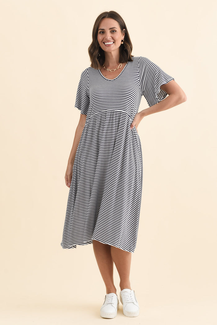 Donna Navy Stripe Gathered Dress,Brunette model,alt text|model:MJ