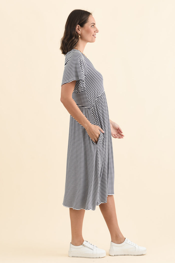 Donna Navy Stripe Gathered Dress,Brunette model,alt text|model:MJ