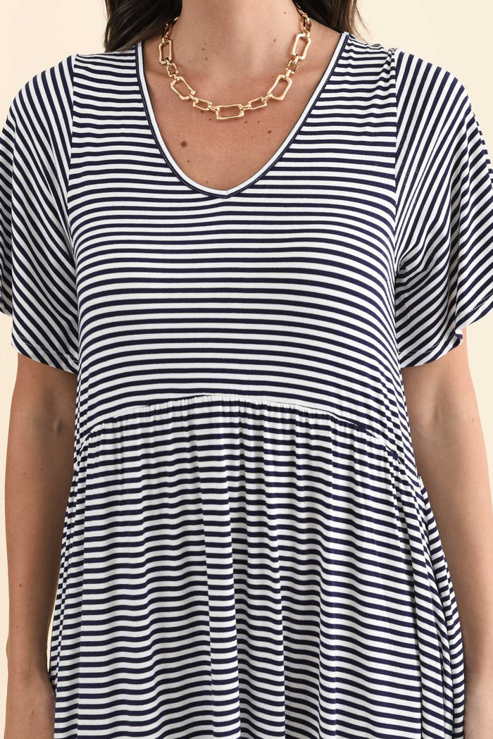 Donna Navy Stripe Gathered Dress,Brunette model,alt text|model:MJ