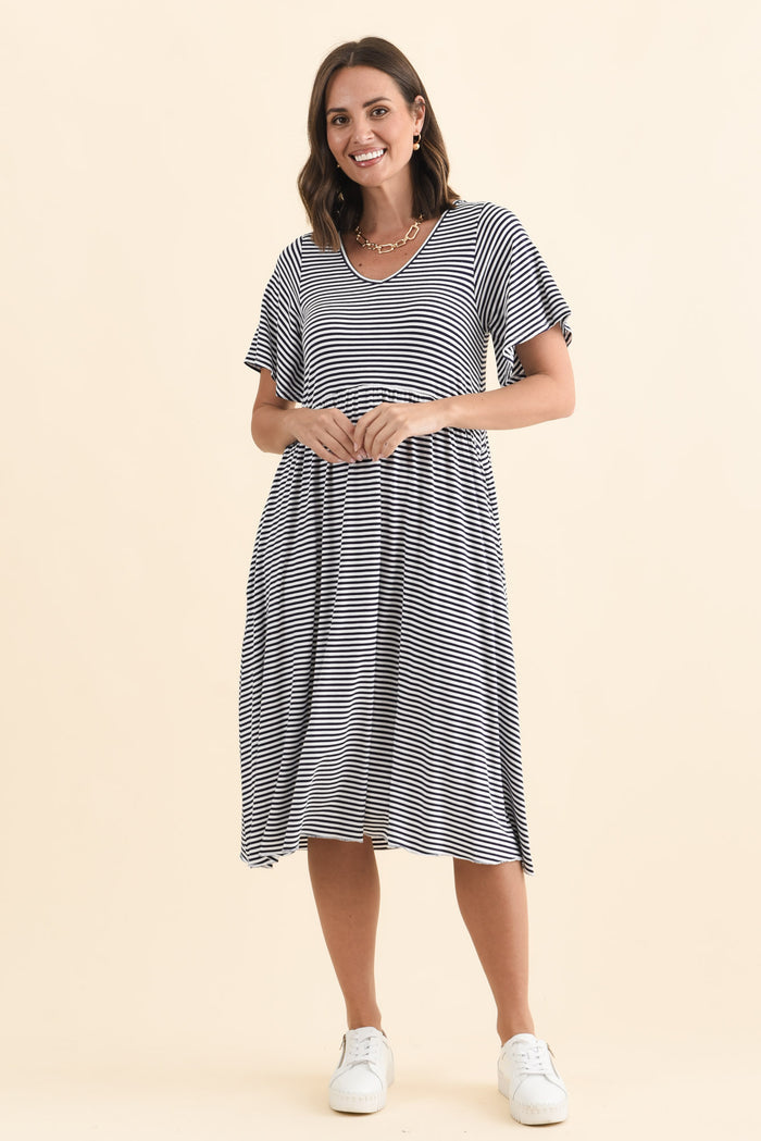 Donna Navy Stripe Gathered Dress,Brunette model,alt text|model:MJ