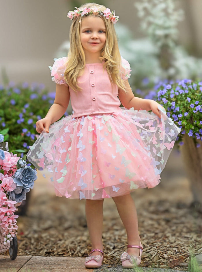 Mia Belle Girls Butterfly Tulle Skirt Set | Girls Spring Outfits
