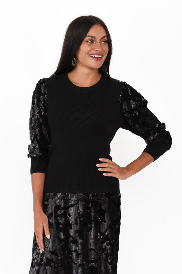 Elena Black Sequin Knit Top,Brunette model,alt text|model:Brontie