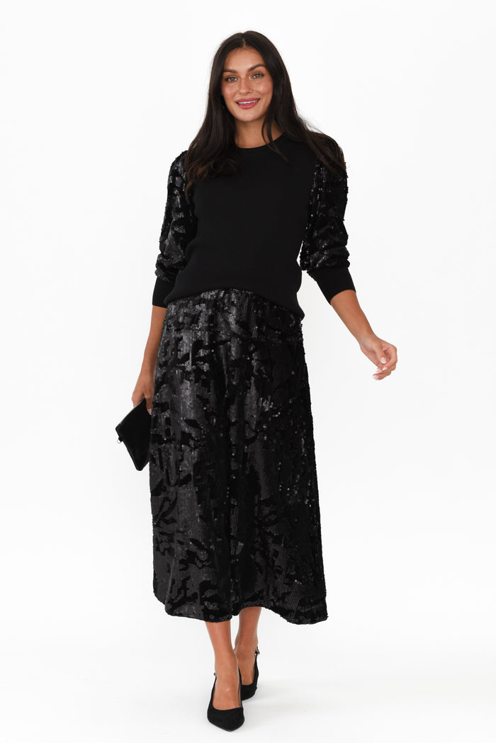 Elena Black Sequin Knit Top,Brunette model,alt text|model:Brontie