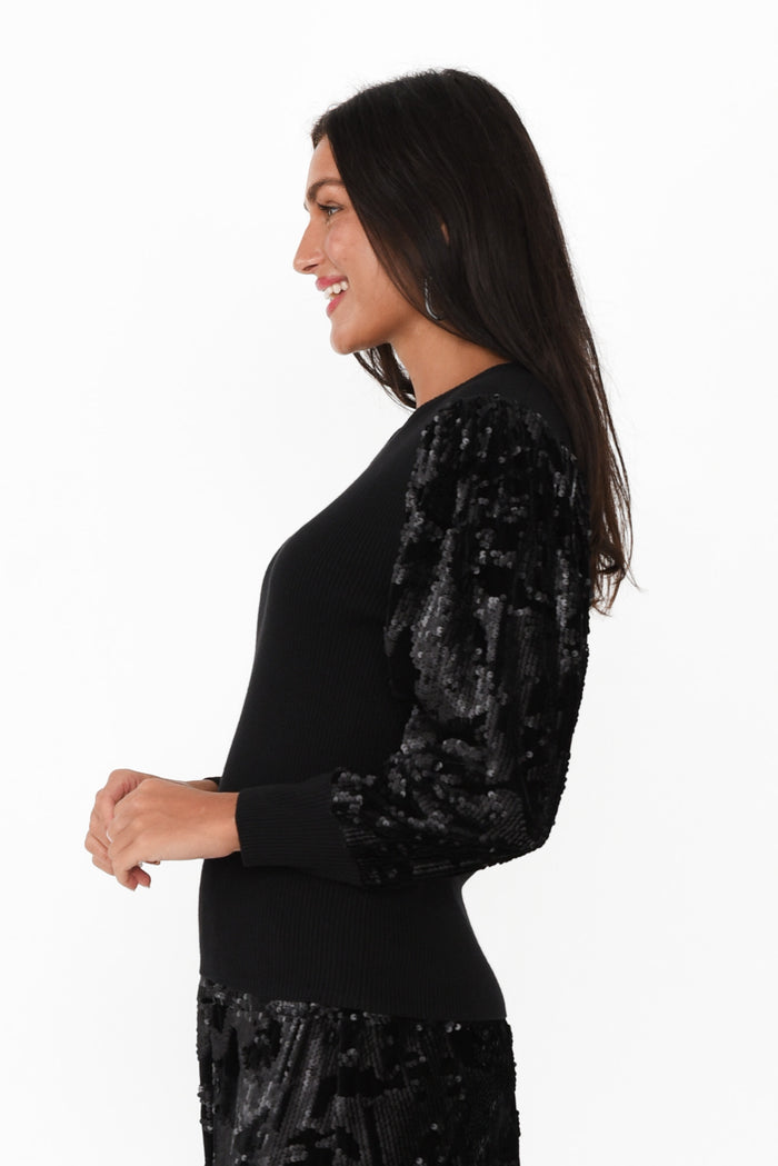 Elena Black Sequin Knit Top,Brunette model,alt text|model:Brontie