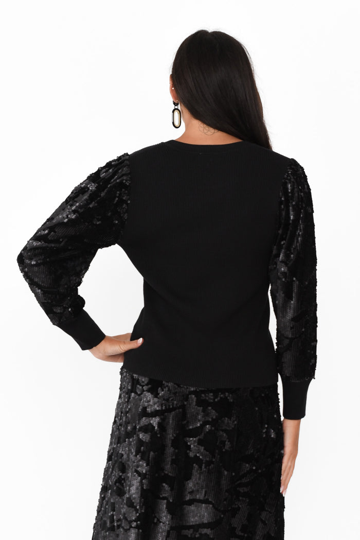 Elena Black Sequin Knit Top,Brunette model,alt text|model:Brontie