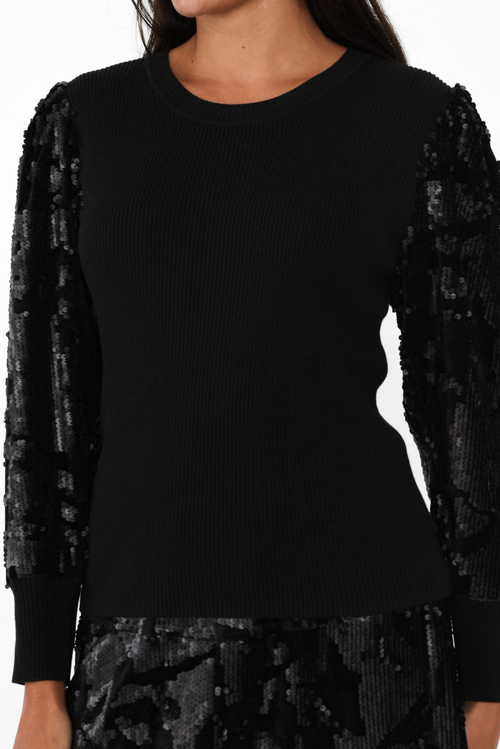 Elena Black Sequin Knit Top,Brunette model,alt text|model:Brontie