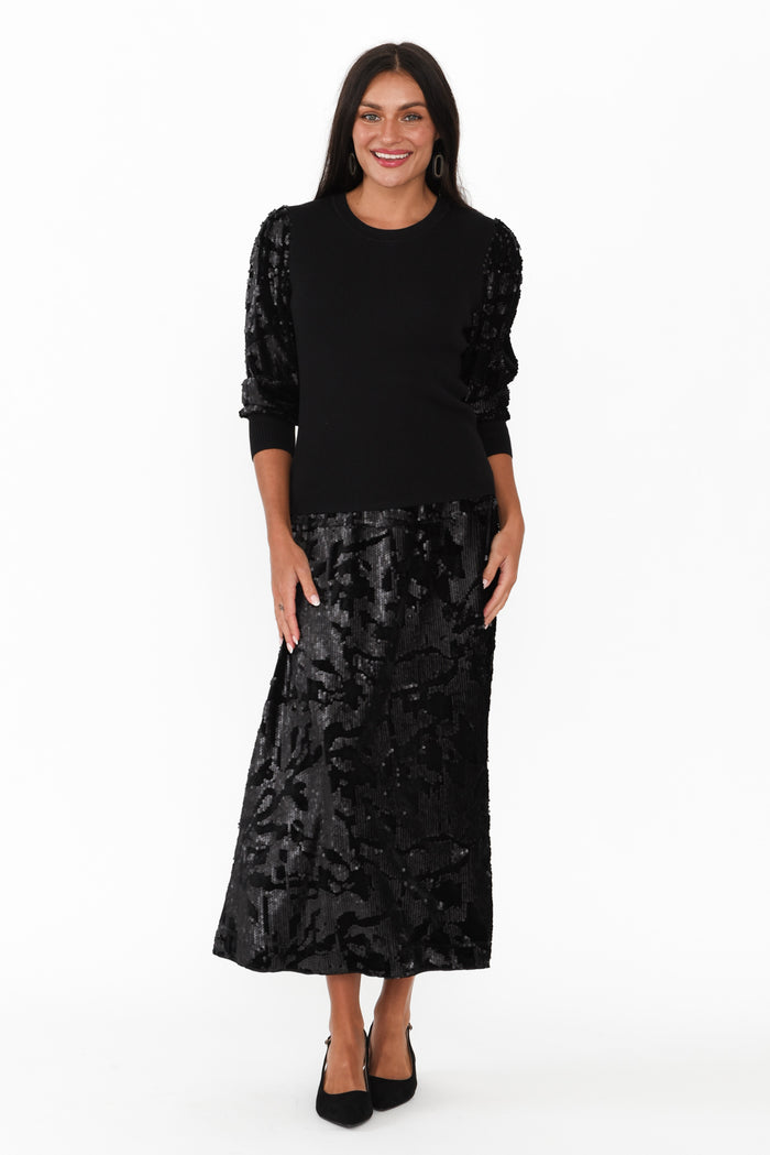 Elena Black Sequin Knit Top,Brunette model,alt text|model:Brontie