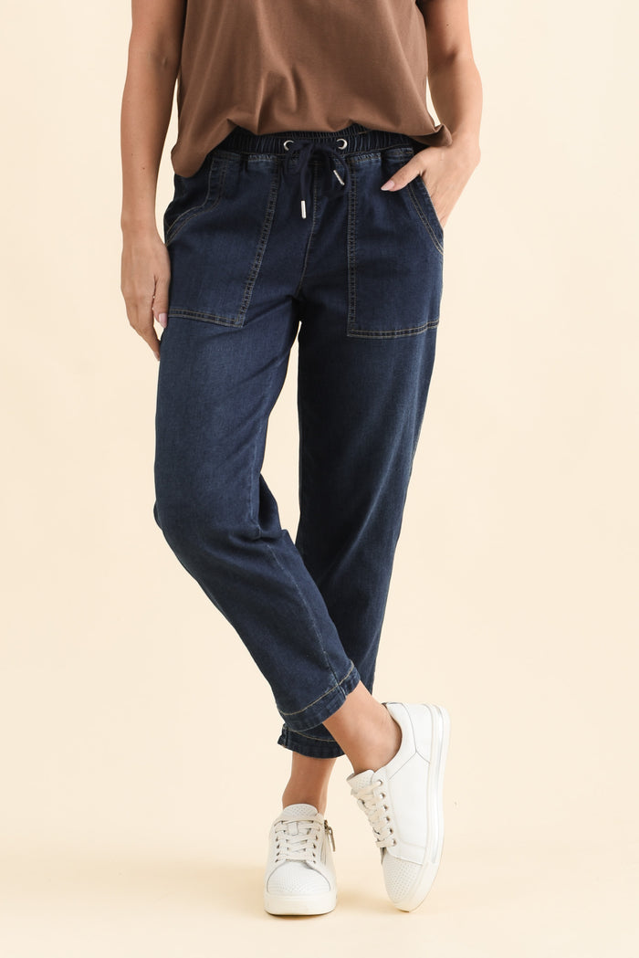Eliana Dark Blue Denim Stretch Jeans,Brunette model,alt text|model:MJ
