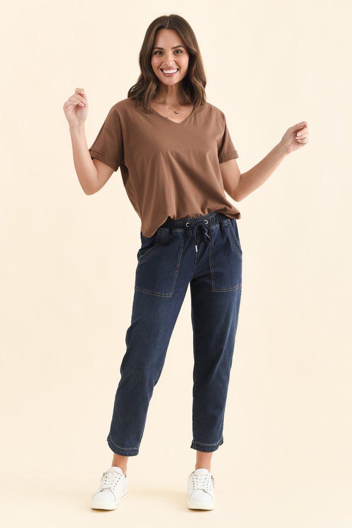 Eliana Dark Blue Denim Stretch Jeans,Brunette model,alt text|model:MJ