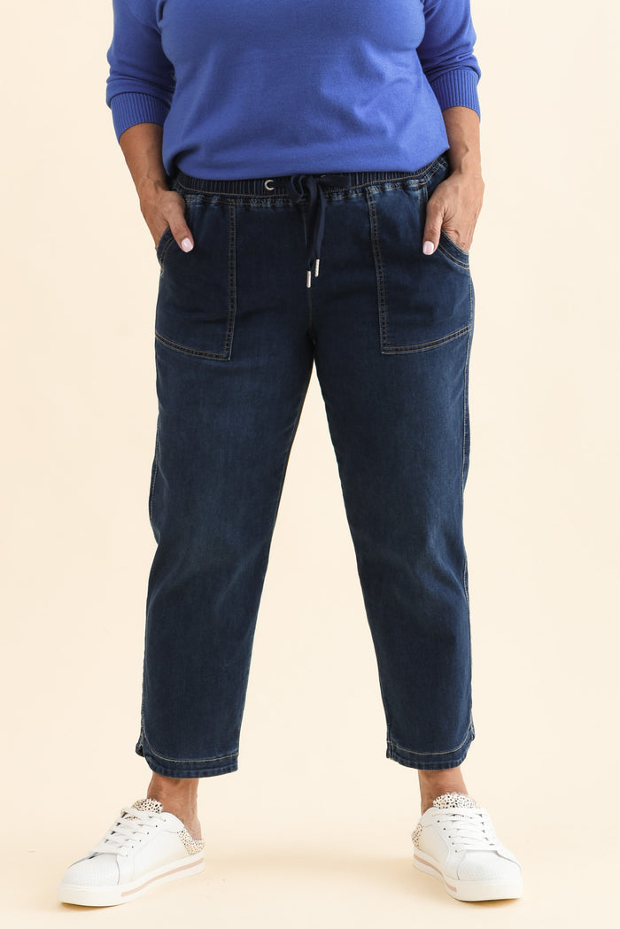 Eliana Dark Blue Denim Stretch Jeans,Front,Brunette model,alt text|model:Pilita
