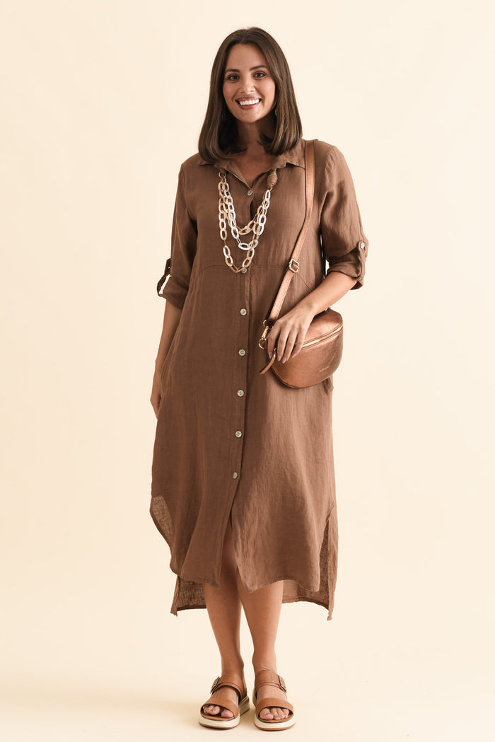 Elin Mocha Linen Shirt Dress,Brunette model,alt text|model:MJ