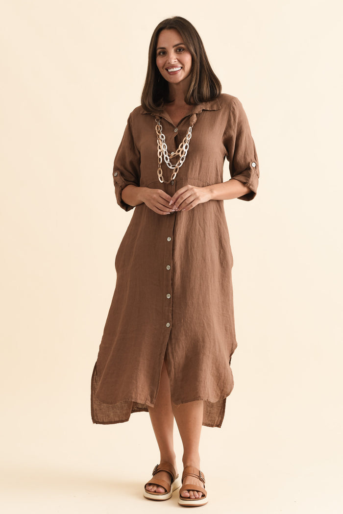 Elin Mocha Linen Shirt Dress,Brunette model,alt text|model:MJ