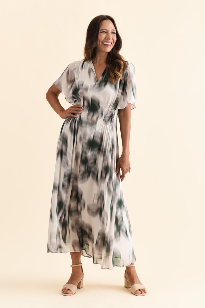 Elise Ivory Bloom Ruffle Dress,Brunette model,alt text|model:Cara