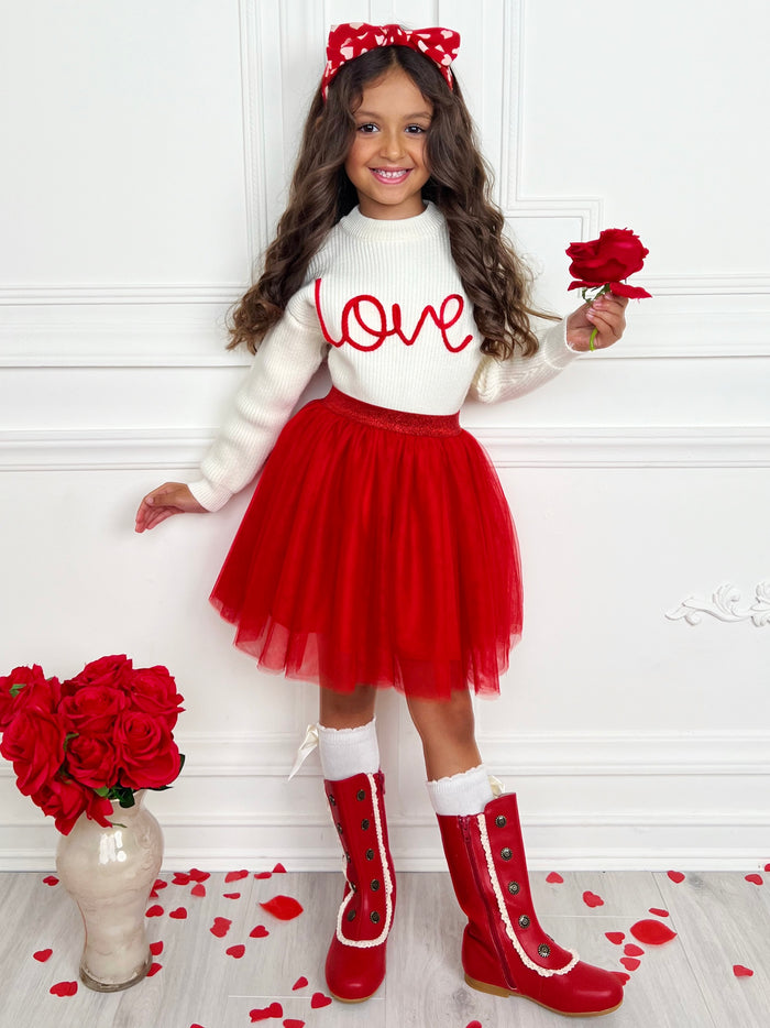 Embroidered "Love" Sweater and Tutu Skirt Set