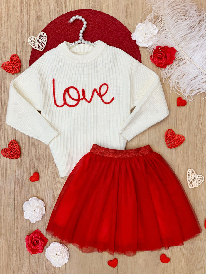 Embroidered "Love" Sweater and Tutu Skirt Set