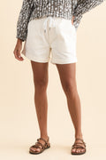 Emma White Denim Relaxed Shorts,Brunette model,alt text|model:Brontie
