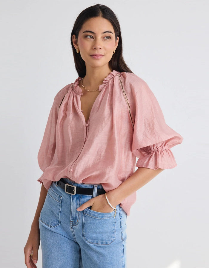 by-rosa-encounter-gathered-button-front-top-blush-womens-clothing