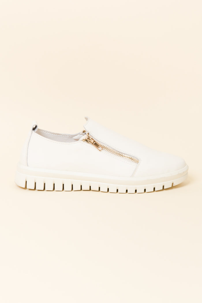 Enjoy White Leather Zip Sneaker
