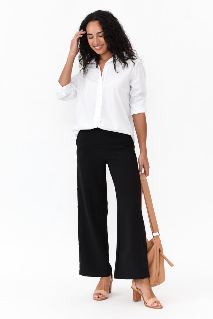 Estelle Black Wide Leg Pants,Brunette model,alt text|model:Demi