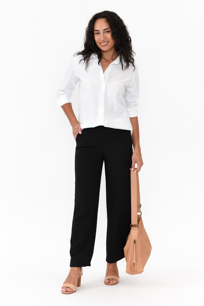 Estelle Black Wide Leg Pants,Brunette model,alt text|model:Demi
