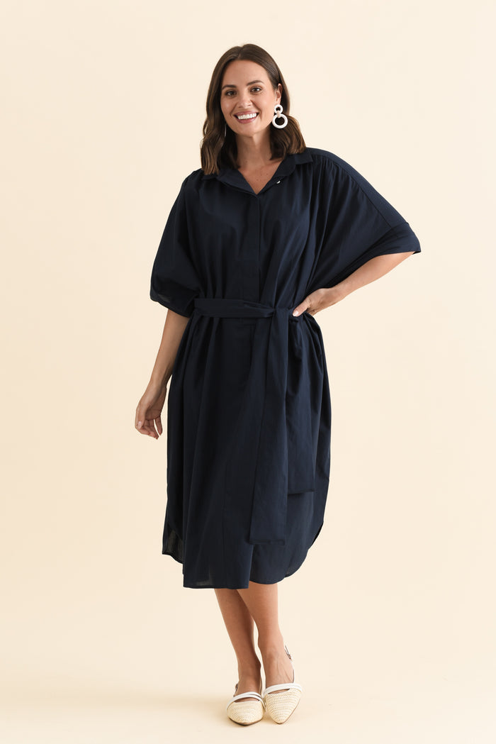 Esther Navy Cotton Tie Dress,Brunette model,alt text|model:MJ