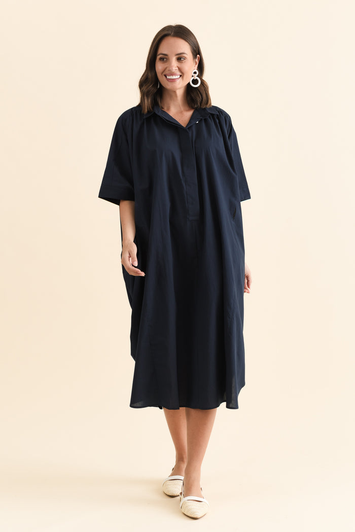 Esther Navy Cotton Tie Dress,Brunette model,alt text|model:MJ