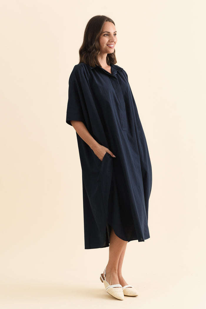 Esther Navy Cotton Tie Dress,Brunette model,alt text|model:MJ