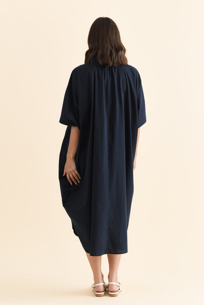 Esther Navy Cotton Tie Dress,Brunette model,alt text|model:MJ