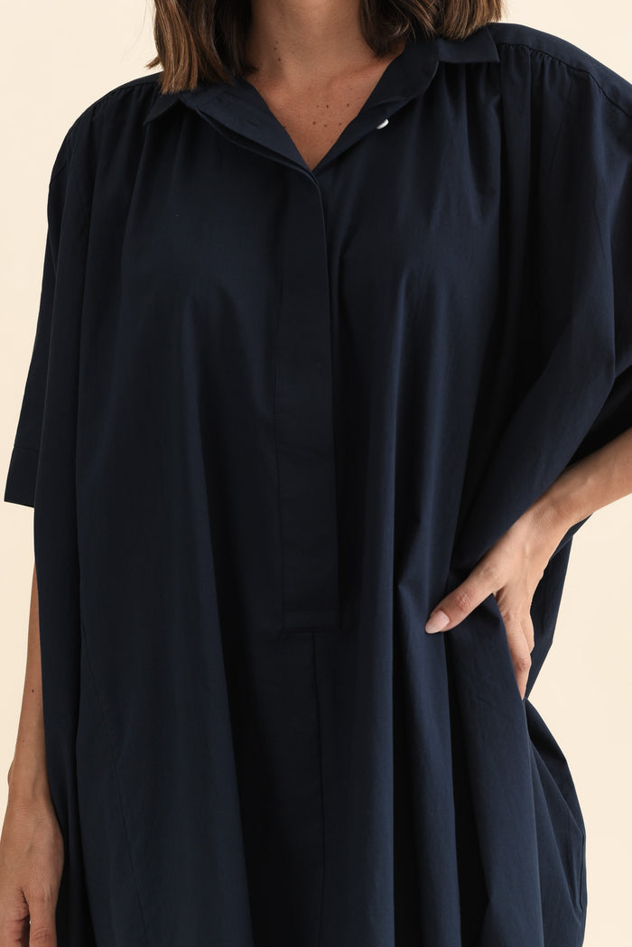 Esther Navy Cotton Tie Dress,Brunette model,alt text|model:MJ