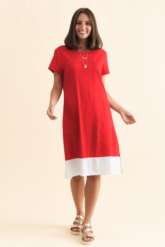 Etty Red Splice Cotton Blend Tee Dress,Brunette model,alt text|model:MJ