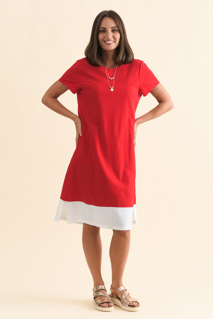 Etty Red Splice Cotton Blend Tee Dress,Brunette model,alt text|model:MJ