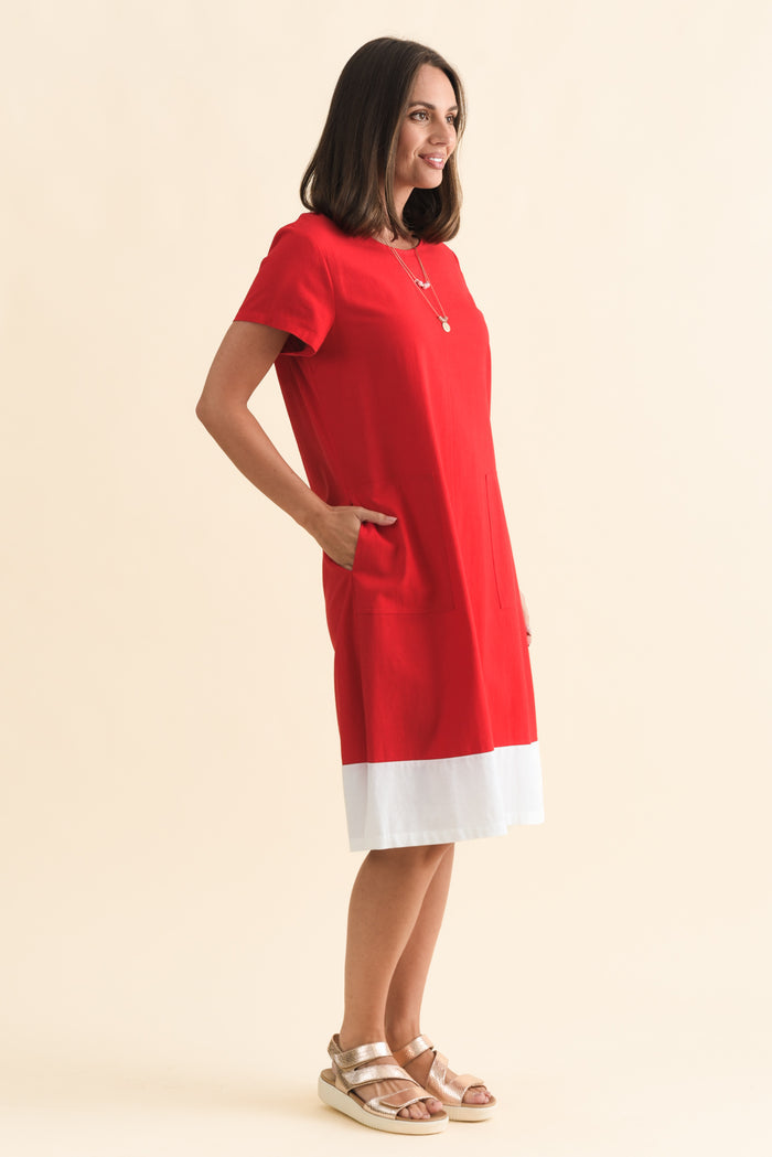Etty Red Splice Cotton Blend Tee Dress,Brunette model,alt text|model:MJ