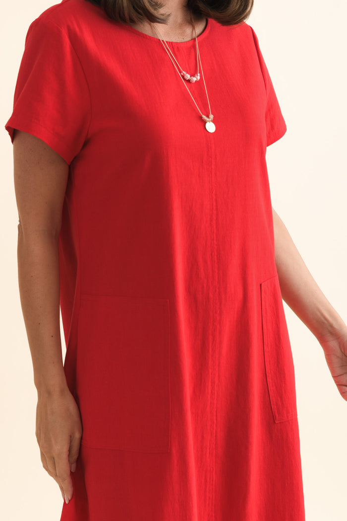 Etty Red Splice Cotton Blend Tee Dress,Brunette model,alt text|model:MJ