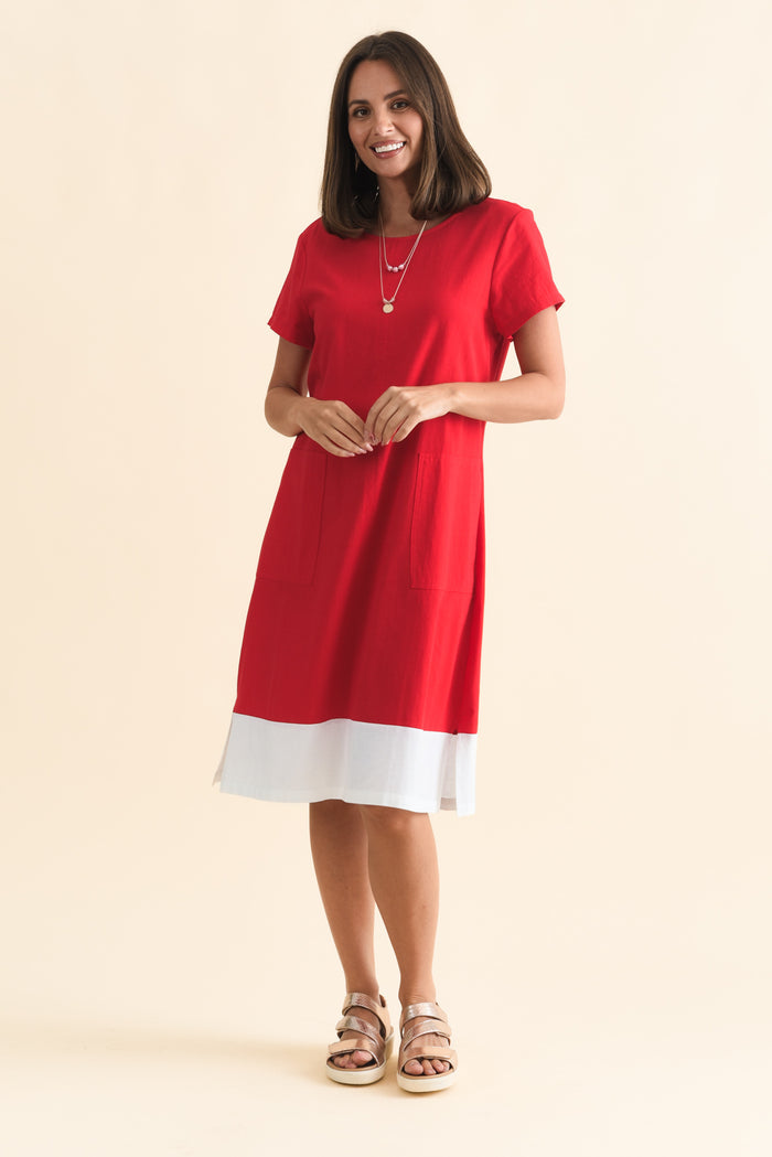 Etty Red Splice Cotton Blend Tee Dress,Brunette model,alt text|model:MJ