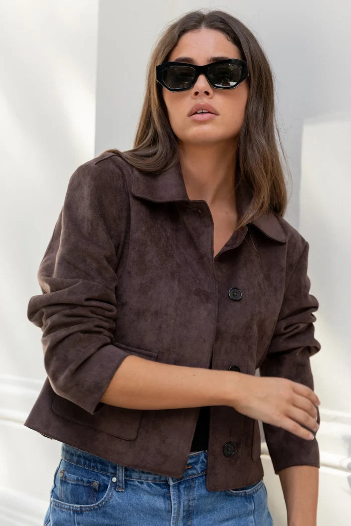 Exhibit Mock Suede Button Front Cropped Jacket - Chocolate