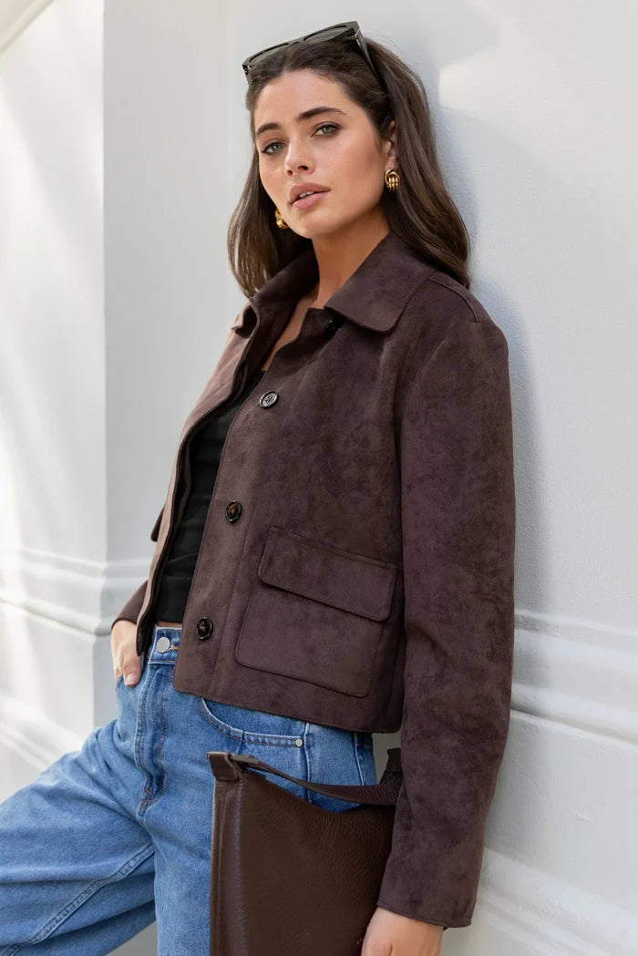 Exhibit Mock Suede Button Front Cropped Jacket - Chocolate