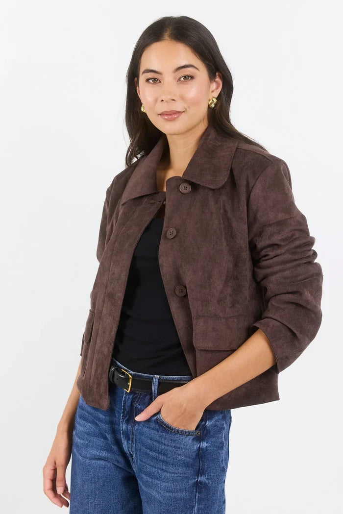 Exhibit Mock Suede Button Front Cropped Jacket - Chocolate