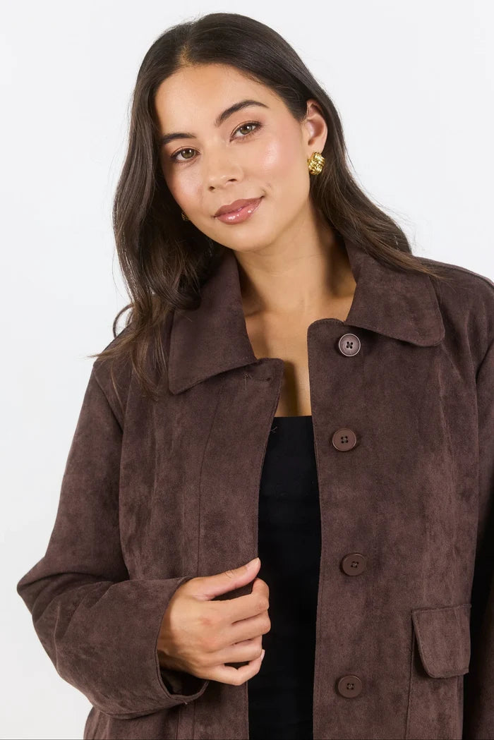 Exhibit Mock Suede Button Front Cropped Jacket - Chocolate