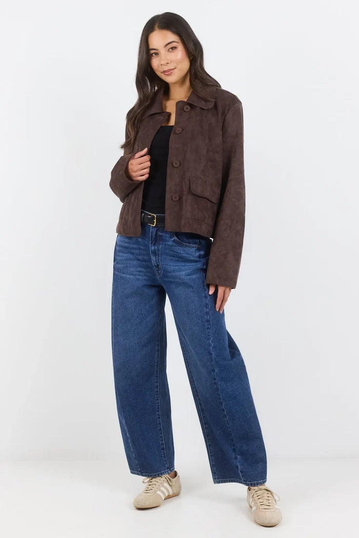 Exhibit Mock Suede Button Front Cropped Jacket - Chocolate