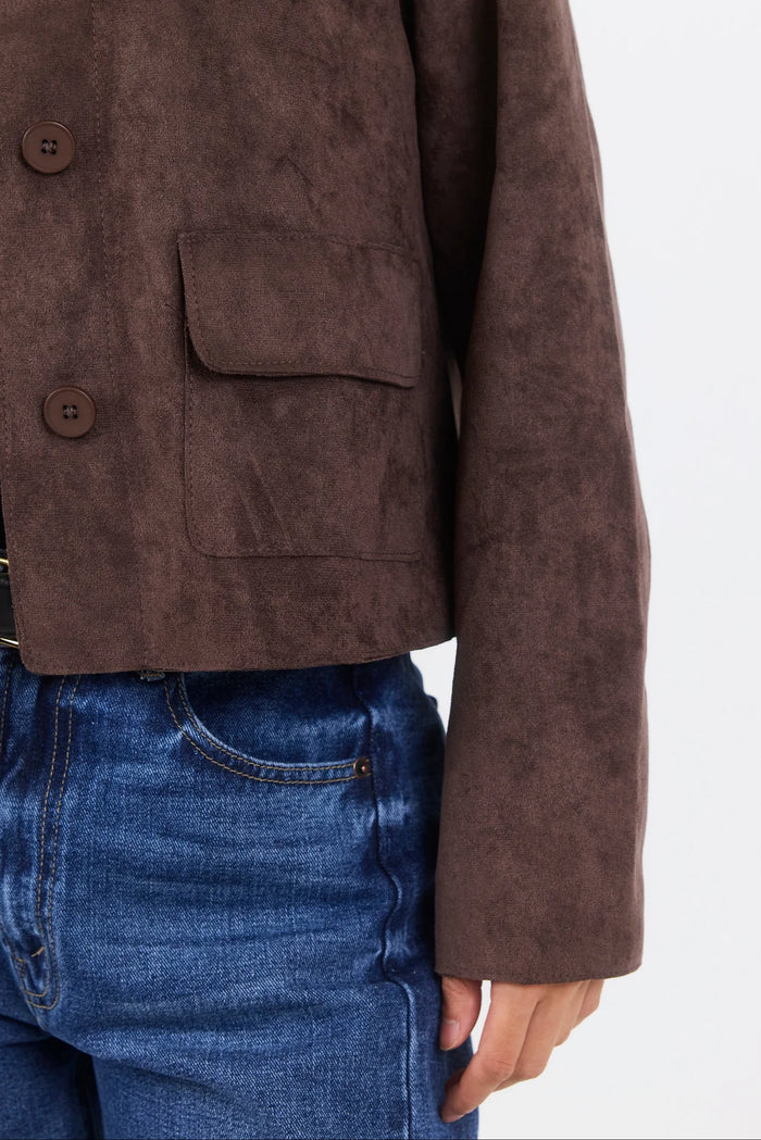 Exhibit Mock Suede Button Front Cropped Jacket - Chocolate